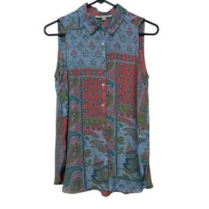 Vintage Inspired Rose + Olive Sleeveless Paisley Patchwork Blouse Top S